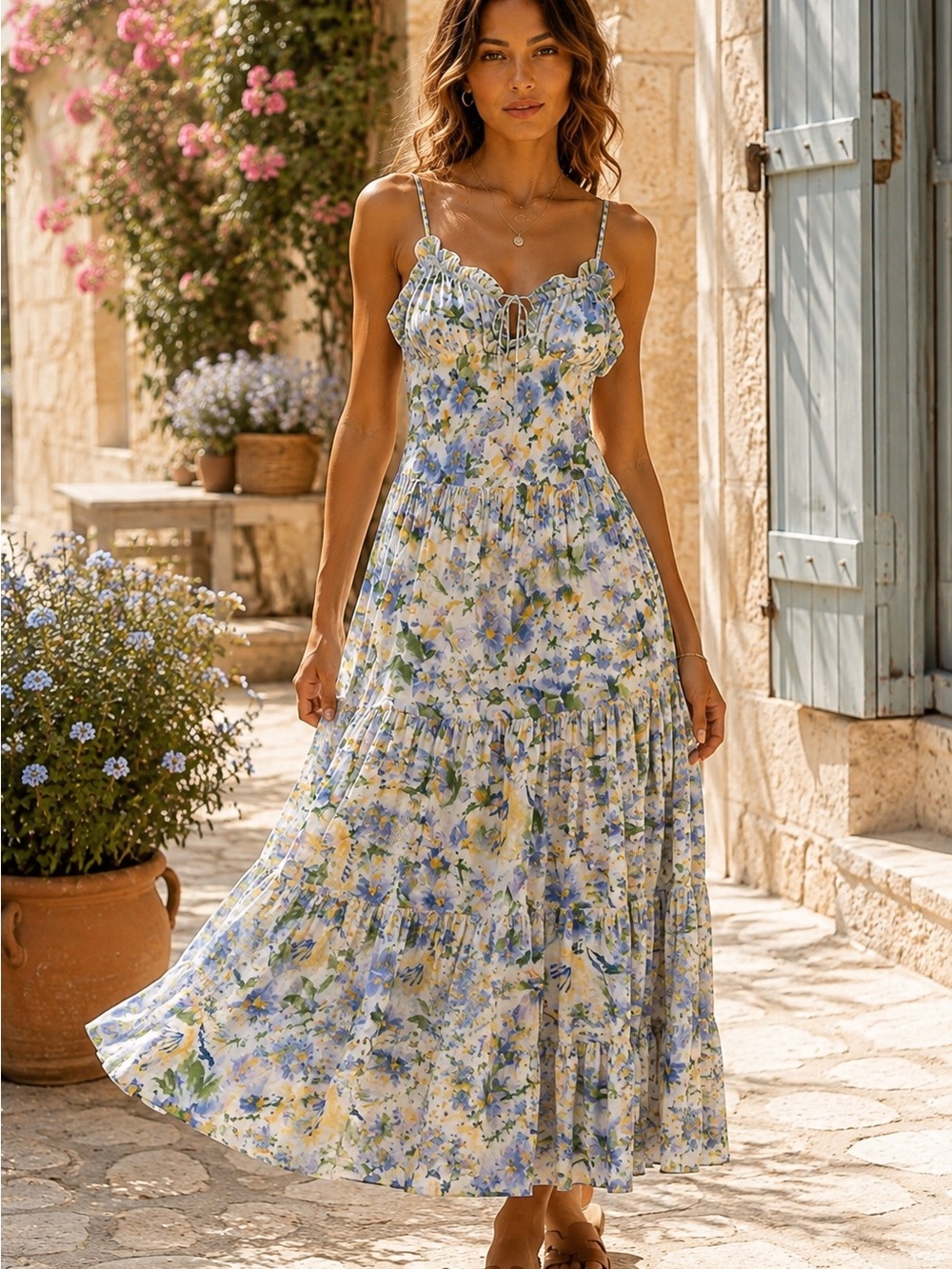 ASTR the Label Floral Tiered Maxi Dress Blue XL NWOT